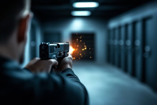Man with handgun in dark room, aiming at target. Indoor shooting range background. Intense danger and focus on gun detail. - Powered by Adobe