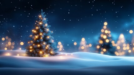 Obraz premium Magical winter scene with illuminated Christmas tree in snow