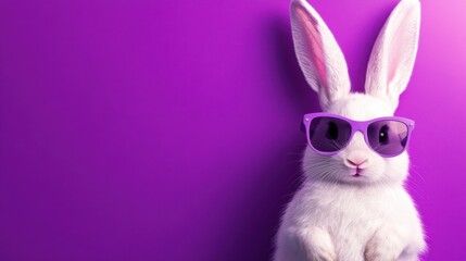 Obraz premium Happy Easter bunny in stylish sunglasses, striking a playful pose on a bright purple backdrop.