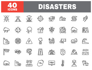 Set of 40 line icons disasters. Outline icon collection. Editable stroke. Vector illustration.