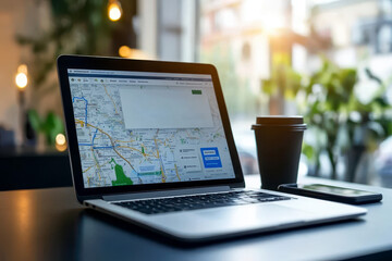 map on laptop on local SEO with targeted mapping strategies for location optimization and audience. Concept Local SEO, Mapping Strategies, Location Optimization.