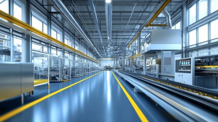 Obraz premium Industrial corridor with machinery, windows, and blue tile floor in spacious, well-lit workspace with high ceiling and pipes.