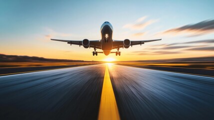 Airplane taking off into a stunning sunset sky, showcasing freedom and adventure with an empty runway and clear yellow lines.
