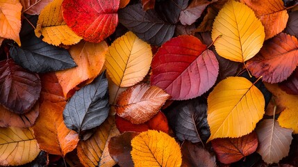 Fototapeta premium Closeup of Vibrant Fallen Autumn Leaves in Various Shades of Orange Red and Yellow Resting on the Ground in a Natural Forest Setting