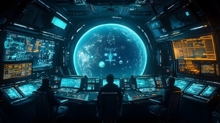 A futuristic, circular control room aboard a starship with crew members monitoring holographic readouts of asteroids, planets, and space traffic in real-time