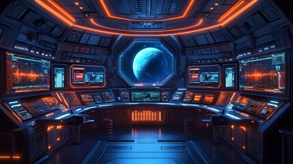 Obraz premium A futuristic, circular control room aboard a starship with crew members monitoring holographic readouts of asteroids, planets, and space traffic in real-time
