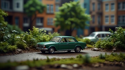 Fototapeta premium A green miniature car drives on a miniature road in a city model.