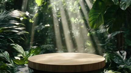 Jungle forest with wooden display podium, sunlight filters through, a perfect backdrop for organic products.