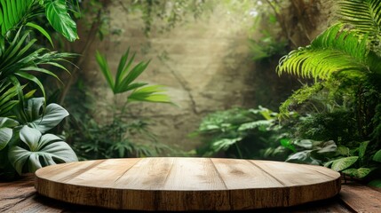 Fototapeta premium Jungle forest with wooden display podium, sunlight filters through, a perfect backdrop for organic products.