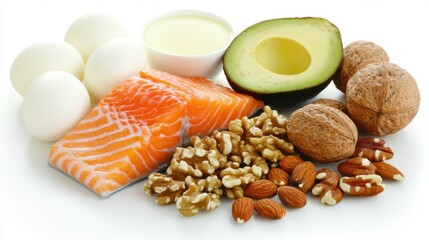 Keto-friendly meal featuring salmon, avocado, nuts, and eggs, presented on a clean, bright background, offering a nutritious and visually appealing option.