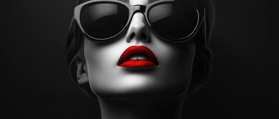 red lipstick on the face of elegant woman wearing sunglasses in dark gray fashion style high contrast black and white © AstraNova
