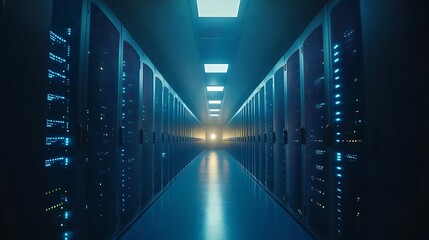 A futuristic data center with holographic connections flowing between rows of servers, casting a soft glow in the dark space.