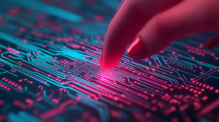 Naklejka premium Futuristic hand touching circuit board