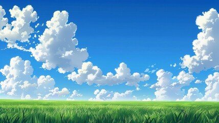 Lush Green Grass Field Under a Cloudy Blue Sky