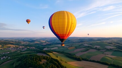Obraz premium Breathtaking sunset hot air balloon ride floating high above a patchwork of scenic fields and rolling hills with multiple colorful balloons drifting peacefully through the vibrant atmospheric sky