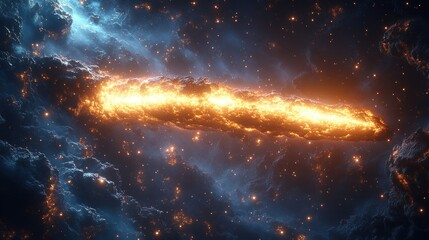 A cosmic scene featuring a fiery, elongated structure in space.