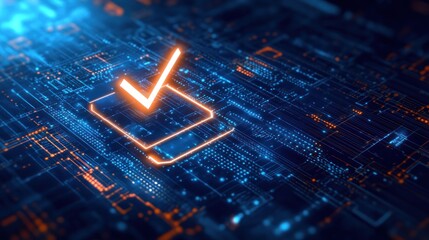 Futuristic digital check mark on circuit board symbolizing technology approval