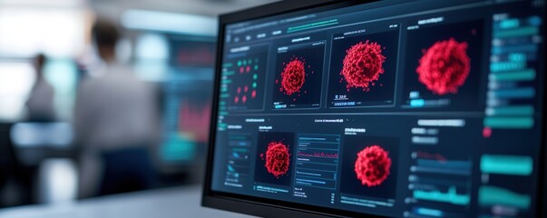 A computer screen displaying data visualizations of viruses, featuring red elements against a dark background, indicative of scientific research or analysis.