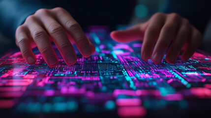 Naklejka premium Hands typing on a glowing circuit board.