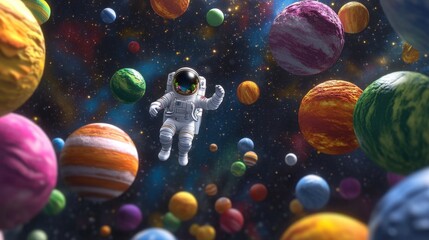 Outer space scene with a cartoon astronaut flying between colorful planets and bright stars, symbolizing discovery.