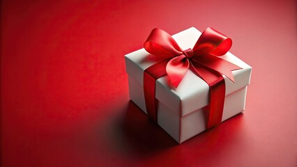 Fototapeta premium Asymmetrical white gift box with red ribbon isolated on red background