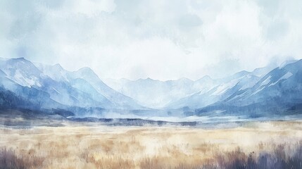 Obraz premium Panoramic view of a mountain landscape in watercolor, showcasing misty peaks and a vast horizon with delicate hues.