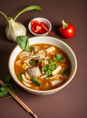 Traditional Vietnamese Soup Pho Bo with Rice Noodles, Beef and Herbs, Asian Cuisine