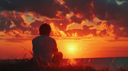 Obraz premium A man is sitting on the grass by the ocean, watching the sun set