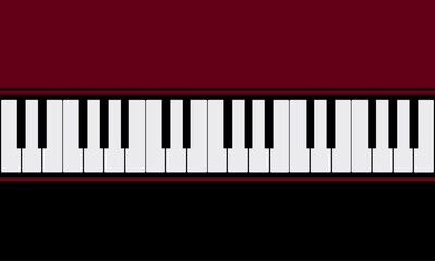 Fototapeta premium Top view of black and white piano keyboard in flat vector design on burgundy and black background