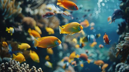 Fototapeta premium A school of fish swimming in a tank