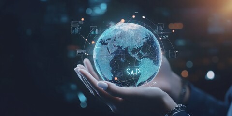 SAP Technology Globe Held in Hands with Futuristic Digital Overlay, Representing the Future of Business Innovation and Enterprise Solutions in a Digital Transformation Era.