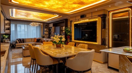 A luxury dining area with an elaborate ceiling design featuring hidden LED strips. The warm glow reflects off the polished marble table and high-end furnishings