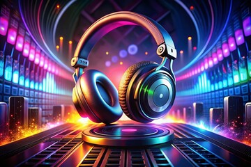 Headphone Icon Aerial View - Stereo Music, DJ Equipment, Earphones, and Sound Waves in Vibrant Colors for Music