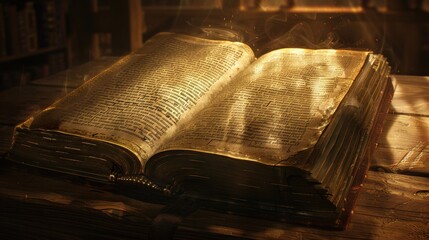 A book is open to a page with a gold-colored text