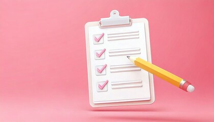 A checklist with check marks and a yellow pencil on a pink background, symbolizing organization and task completion.