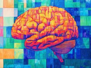 Vibrant Digital Art of a Brain in the Center Surrounded by Colorful Abstract Background in Blue, Green, Orange, and Pink