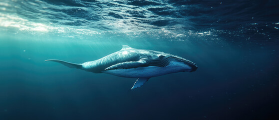 Naklejka premium Blue whale swimming in the middle of the blue ocean seen from the side