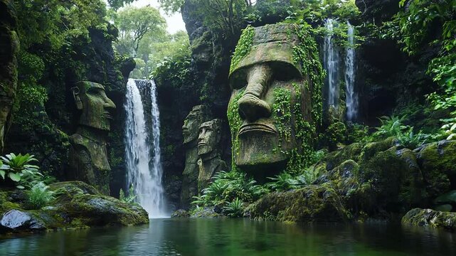 Majestic Waterfall and Ancient Stone Faces in Lush Jungle