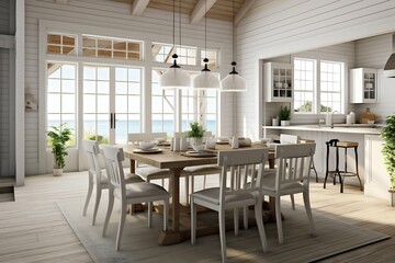 Obraz premium Living room interior in light minimalist style, with sofa and dining table