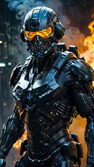 Fototapeta premium ultra Realistic cyborg swat,Wearing black Swat Armor,high futuristic cyberpunk style, vibrant colour smoke,incredibly detailed, dark, key visuals, atmospheric, highly realistic,ultra Quality ray traci