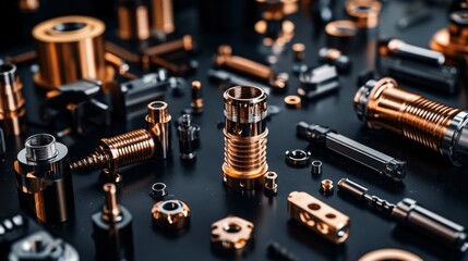 Naklejka premium Assorted copper and bronze mechanical components and tools on black surface in a dark industrial workshop setting.