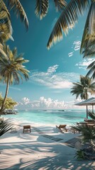 Fototapeta premium A beautiful beach scene with palm trees and a clear blue sky