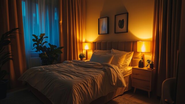 A cozy bedroom with a well-made bed, soft lighting, and blackout curtains, creating the perfect environment for restful sleep.