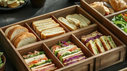 Fototapeta premium Stylish self-serve morning tea platters with sandwiches, salad, and bread, presented on wooden boxes at a corporate event.