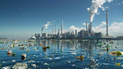 A polluted ocean with a lot of trash floating in it