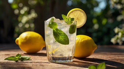 Refreshing Lemonade with Ice Cubes, Lemon Slice, and Fresh Mint