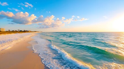 Obraz premium Tranquil Coastal Dawn A serene beach scene at sunrise featuring soft pastel colors and gentle waves lapping against the shore