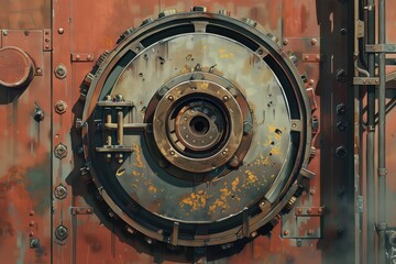 Fototapeta premium A rusty old door with a large circular hole in the middle