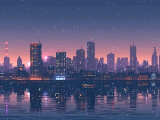 Obraz premium A city skyline is reflected in the water, with the sun setting in the background