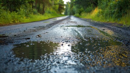 Fototapeta premium A road is wet and has a puddle of water on it